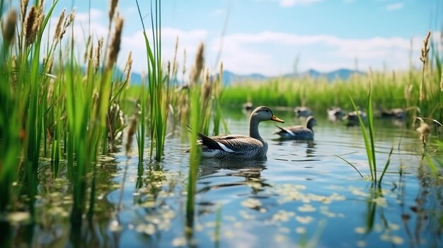 zwanen en zwanen zwemmen in een meer in de zomer