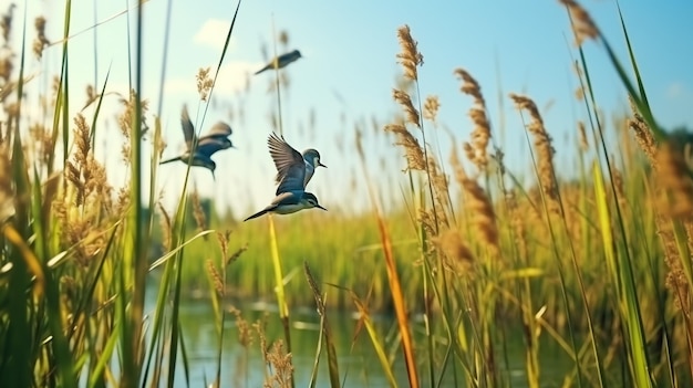 Foto zwanen en zwanen zwemmen in een meer in de zomer