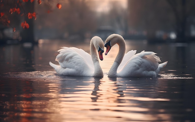 Zwanen vormen liefdeshart op wazig meer in de vroege ochtend