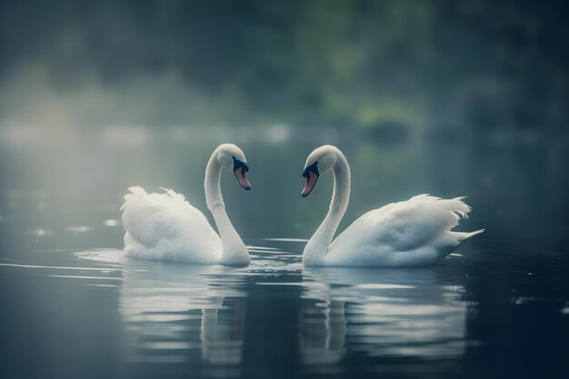 Zwanen zwemmen op het water in de natuur Neuraal netwerk AI gegenereerd