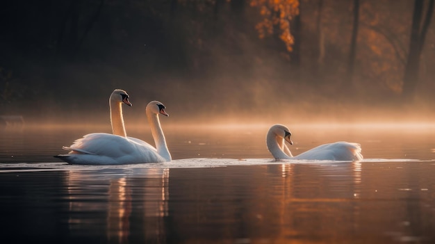 Zwanenpaar op een meer in de ochtendverlichting