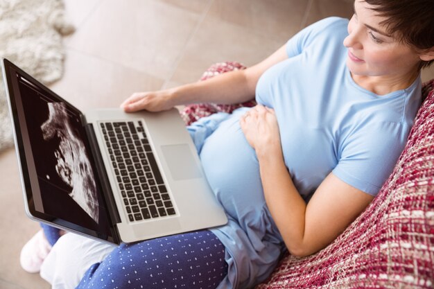 Zwangere vrouw die haar laptop met behulp van