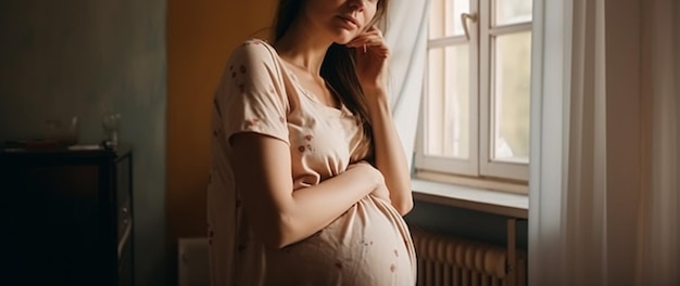 Zwangere vrouw die zich dichtbij venster bij homegeneratieve ai bevindt
