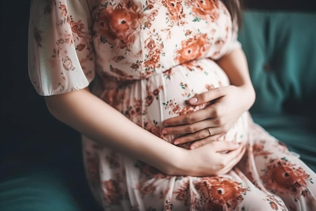 Zwangere vrouw die zich thuis gelukkig voelt terwijl ze voor haar kind zorgt Generatieve AI