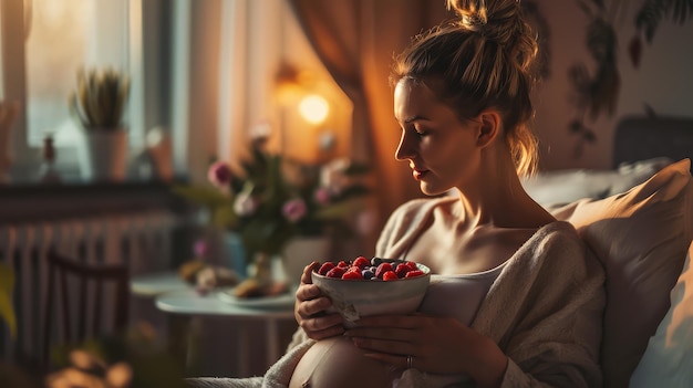 Foto zwangere vrouw geniet van een moment van rust met een voedzame acai schaal