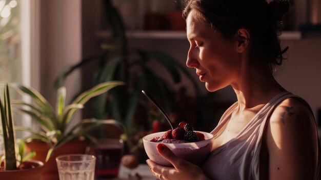 Foto zwangere vrouw geniet van een moment van rust met een voedzame acai schaal