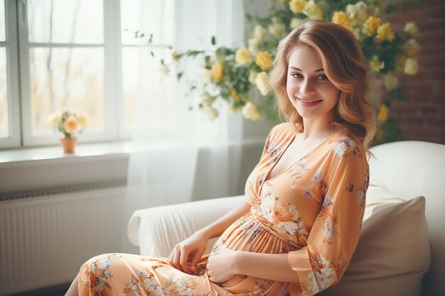 Zwangere vrouw houdt haar buik vast terwijl ze thuis in haar kamer staat