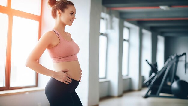 Zwangere vrouw in sportkleding staande bij het raam in de sportschool