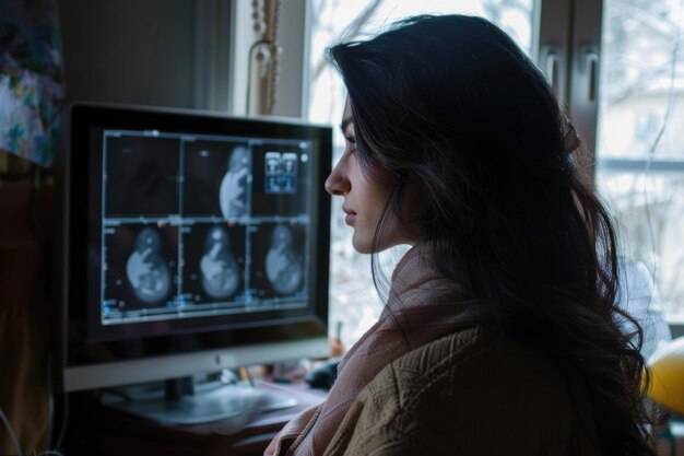 Foto zwangere vrouw kijkt naar de echografie van haar ongeboren kind