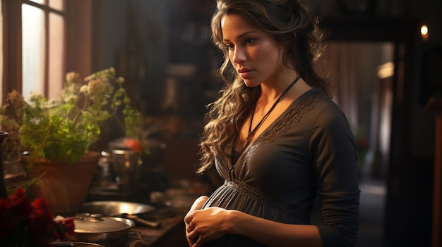 Zwangere vrouw met lang krullend haar in een grijze jurk