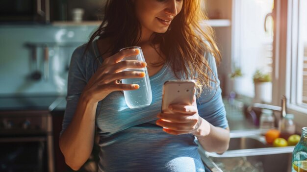 Foto zwangere vrouw met mobiele telefoon in de keuken