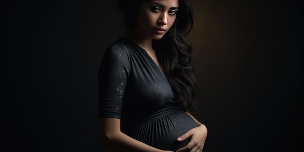 Zwangere vrouw op een zwarte achtergrond Thema van het verlies van een kind Plaats voor tekst Generatieve AI