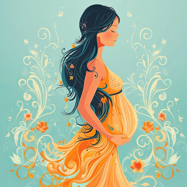 Zwangerschap Jonge moeder gelukkig Vrouw wachttijd moederschap eerste keer moeder clipart Moederschap concept met zwangere vrouw en bladeren op lichte achtergrond