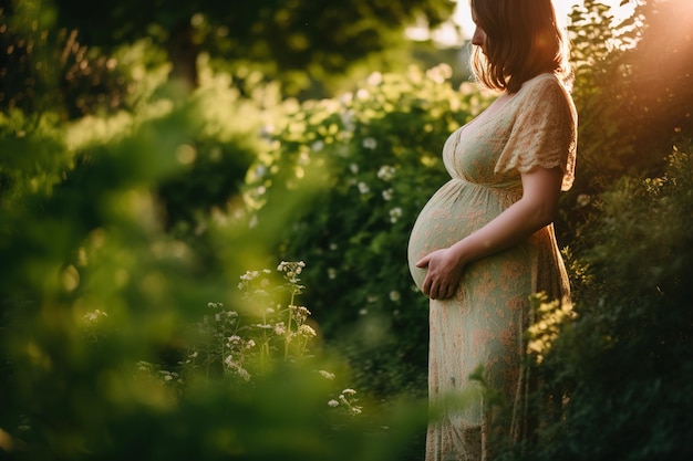 Zwangerschap moederschap gelukkige zwangere vrouw met grote buik in groene tuin