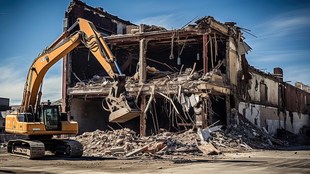 Zware machines werken onvermoeibaar om een oud gebouw te ontmantelen en zo de weg vrij te maken voor een nieuw hoofdstuk in de evolutie en architectonische transformatie van de stad Gegenereerd door AI