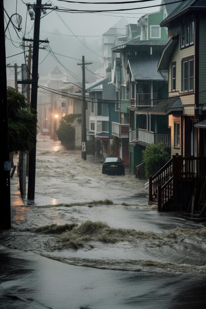 Zware regenval en overstromingen in een kuststraat gemaakt met generatieve AI