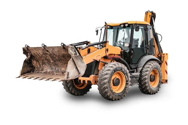 Zware voorlader of bulldozer op een witte geïsoleerde achtergrond bouwmachines Multifunctionele graafmachine Transport en verplaatsing van bulkmaterialen Grote emmer