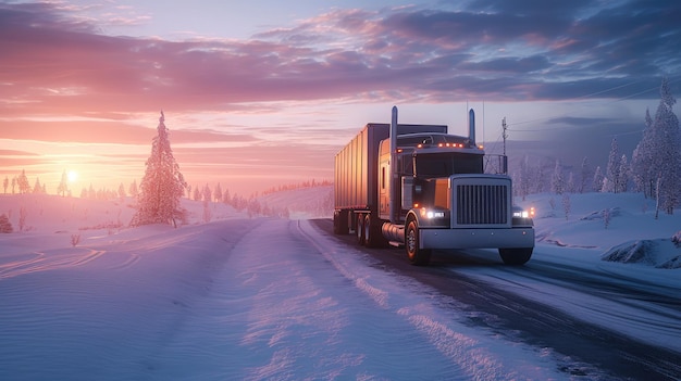 Zware vrachtwagen op een sneeuwroute op een ijzige weg