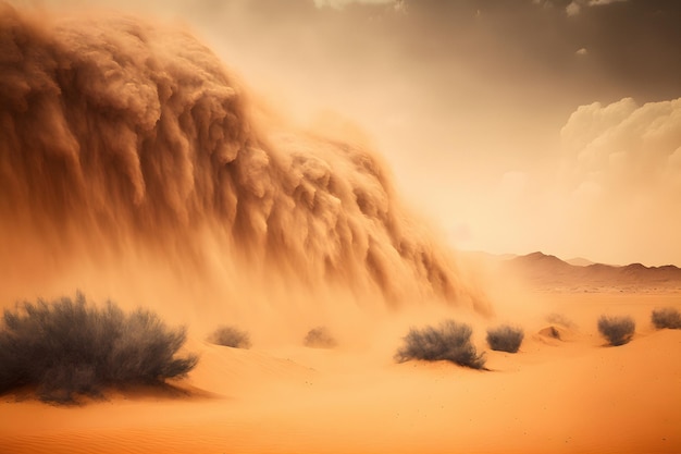 Foto zware zand- en stofstorm boven woestijnland op hete zomerdag. gevaar en kracht van de wilde natuur.