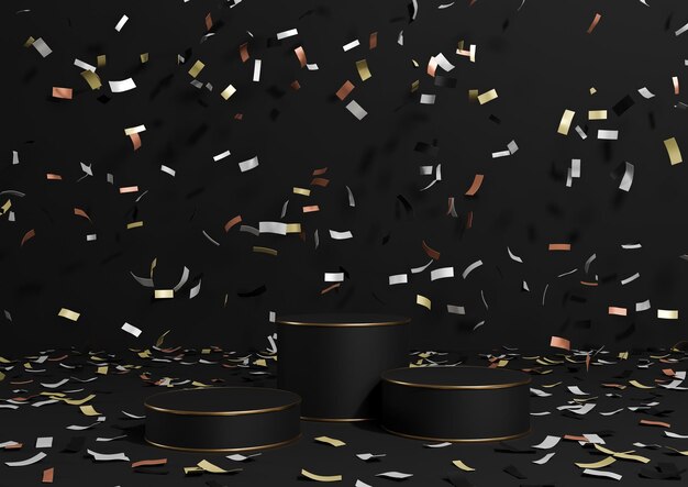 Foto zwart 3d product display podia kleurrijke confetti viering jubileum gouden luxe