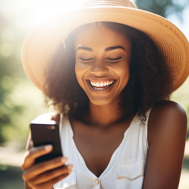 Zwart de Zomermeisje die bij Smartphone glimlachen