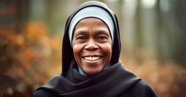 Zwart, donker gevild vrouw en religieus portret van katholieke non die in de kerk bidt en kijkt