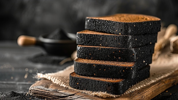 Zwart donker stuk brood op de keukentafel achtergrondconcept