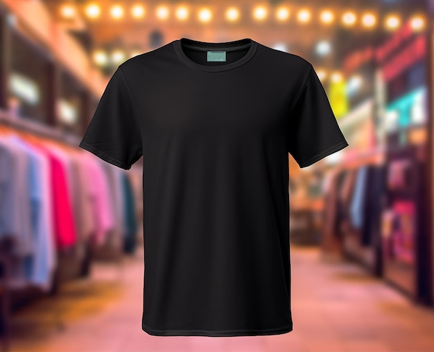 zwart effen tshirt mockup sjabloon vooraanzicht met kledingwinkel achtergrond