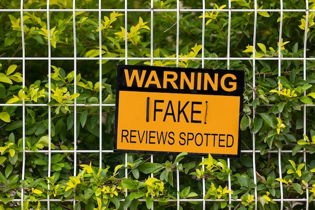 Foto zwart en geel waarschuwingsbord op een hek met de vermelding - waarschuwing valse beoordelingen ontdekt