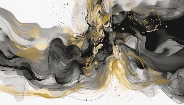 Zwart en goud Abstracte achtergrond met gouden glitters Vloeiend vloeiend lijnenpatroon Inktkunst Modern bannerontwerp Trendy omslag met golvende zwarte en gouden lijnen Met kopieerruimte Generatieve AI