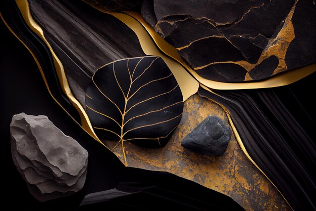 Zwart en goud natuursteen texturen samenstelling Genereer Ai