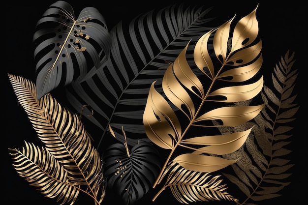 Zwart en goud tropische bladeren achtergrond Gouden gebladerte blad textuur