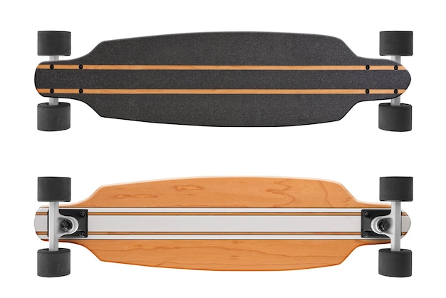 Zwart en houten skate longboard geïsoleerd op een witte achtergrond met uitknippad