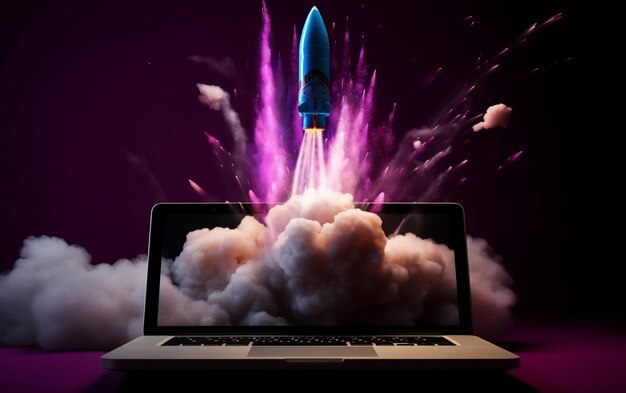 Foto zwart en paars laptop scherm rocket generative ai