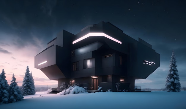 Zwart futuristisch huis op een besneeuwde plek Generatieve AI