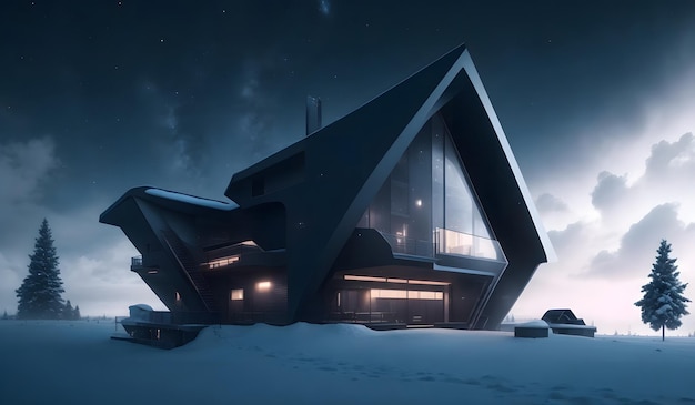 Zwart futuristisch huis op een besneeuwde plek Generatieve AI