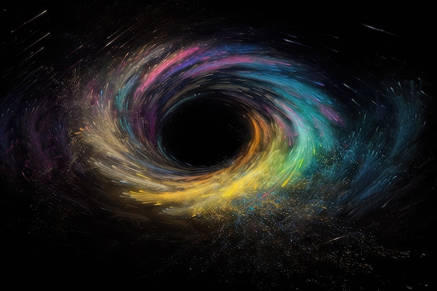Zwart gat omgeven door werveling van kleurrijke gassen en stof in beweging