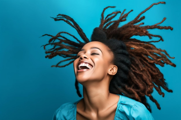 Zwart gelukkig geluk blauw mooi vrolijk aantrekkelijk schoonheid Afrikaans portret Generatieve AI