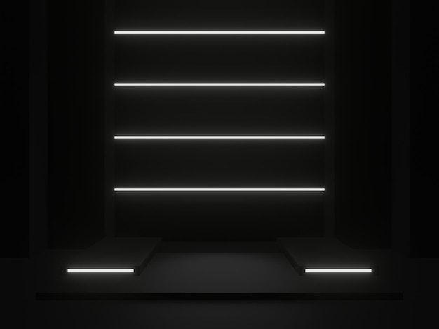 Zwart geometrisch podium met witte neonlichten Donkere achtergrond
