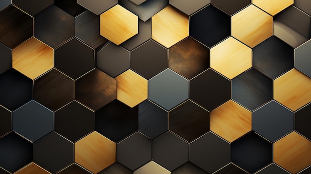 Zwart gouden kleur zeshoekig geometrisch behangpatroon