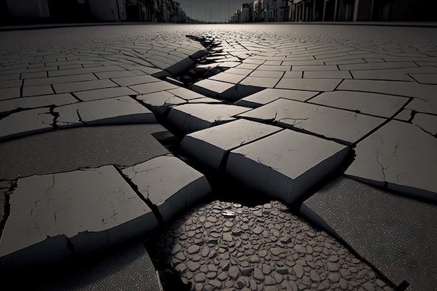 Zwart grijs gebroken trottoirgedeelte op stedelijke straat