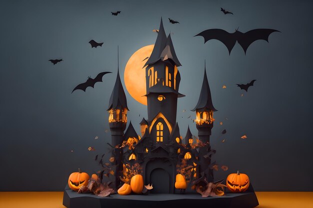 zwart halloween kasteel op een podium papier kunststijl ai gegenereerde achtergrond