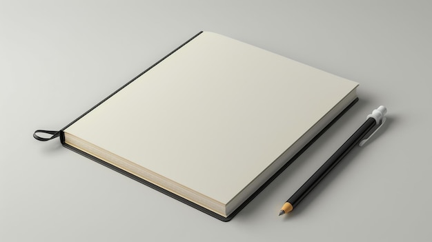 Zwart hardcover notitieboek met lege pagina's en een potlood op een witte achtergrond