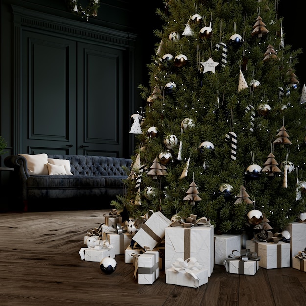 Zwart houten behang in het interieur kerst woonkamer interieur 3d-rendering