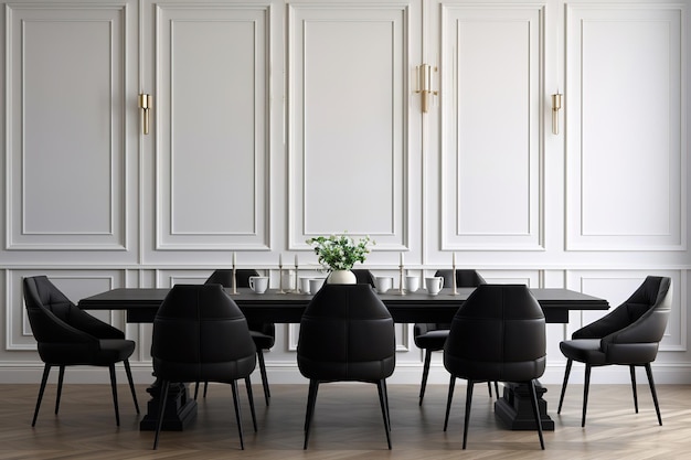 Zwart houten eetkamerstoelen en tafel met witte lambrisering Moderne eetkamer interieur