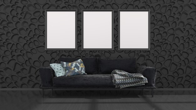 Zwart interieur met zwarte bank en frames voor mockup, 3d illustratie