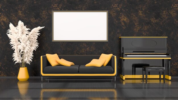 Zwart interieur met zwarte en gele piano, bank en frame voor mockup, 3d illustratie