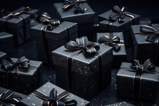 Zwart kerstthema met vierkante geschenkverpakkingen verpakt in zwart papier en lint gerangschikt op zwart
