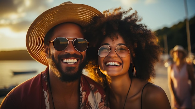 Zwart koppel reist en strandplezier terwijl ze lachen op zonsondergang, natuuravontuur en zomervakantie of huwelijksreis