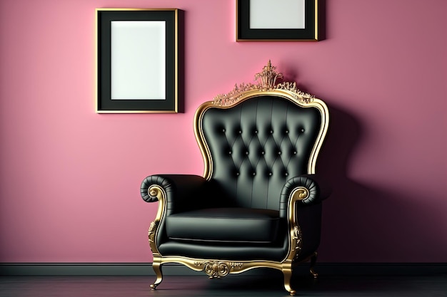 Zwart lederen fauteuil lege klassieke frames vervagende gouden bustes en gouden wandlampen